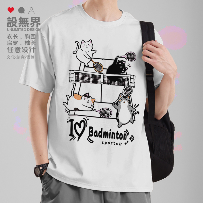 趣味猫咪双打羽毛球日系沙雕T恤