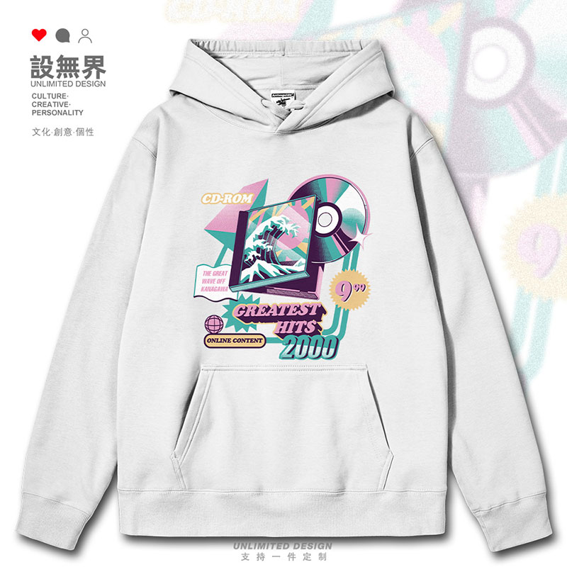 神奈川冲浪里复古CD碟片海报连帽卫衣男女学生套头帽衫春设 无界