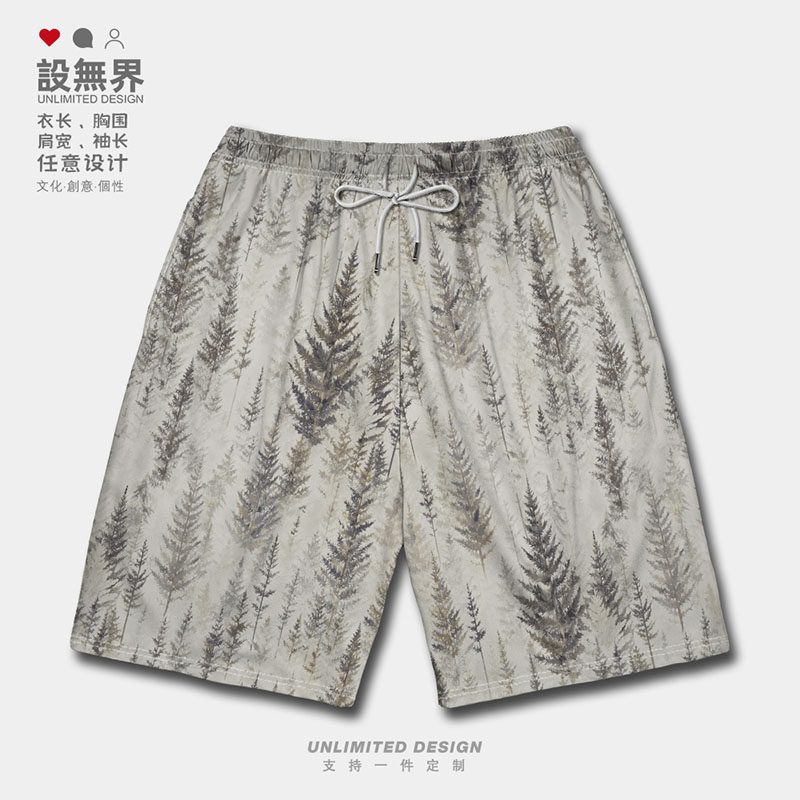 迷雾森林插画植物文艺风森系碎花大码短裤男装女装裤子潮设 无界