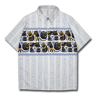 盖亚安德森猫咪法老古埃及壁画条纹短袖衬衫男女潮衬衣夏设 无界