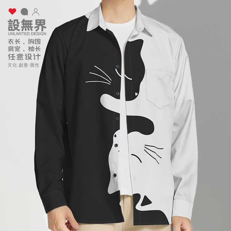 日系简约撞色两极猫咪小长袖衬衫