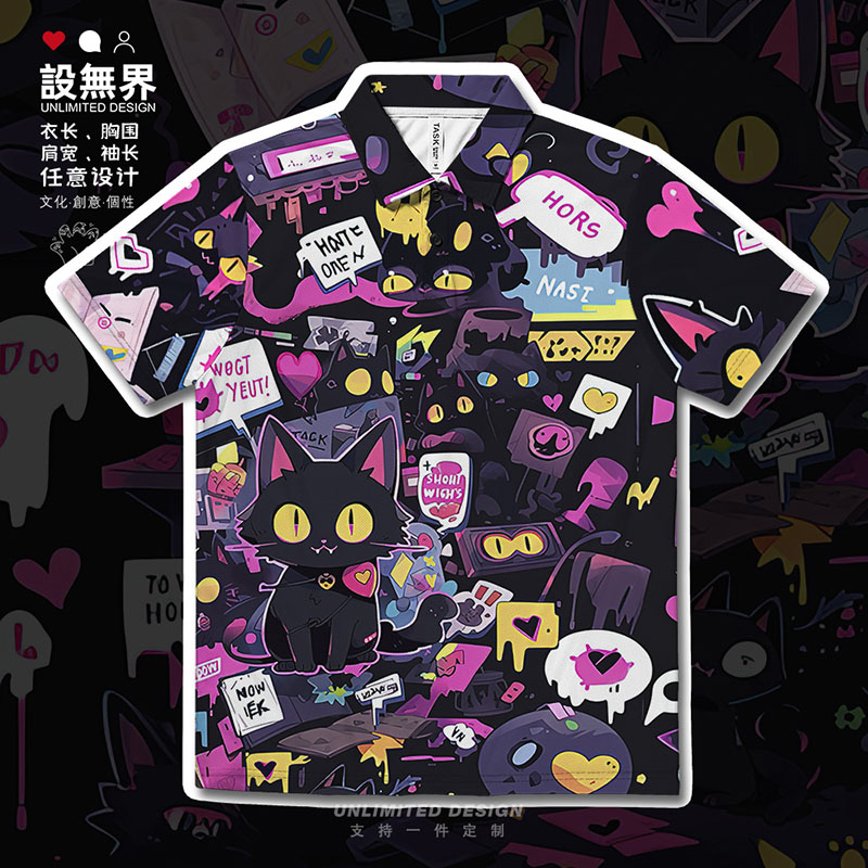 港风涂鸦猫咪黑猫搞怪趣味街POLO