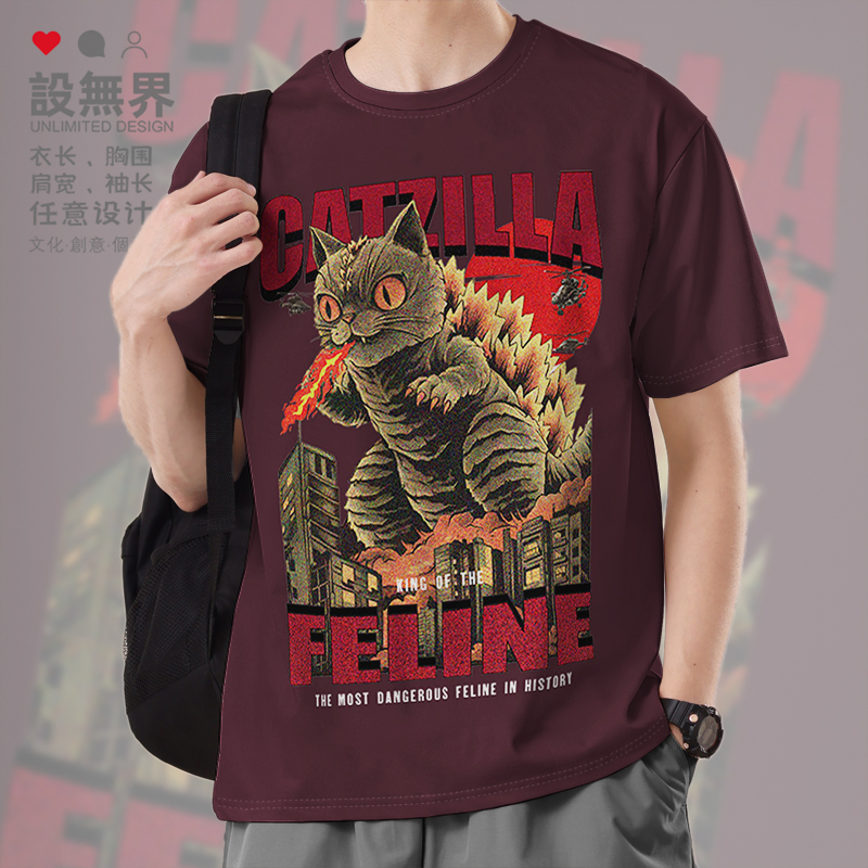 猫咪哥斯拉联名怪兽复古怀旧T恤