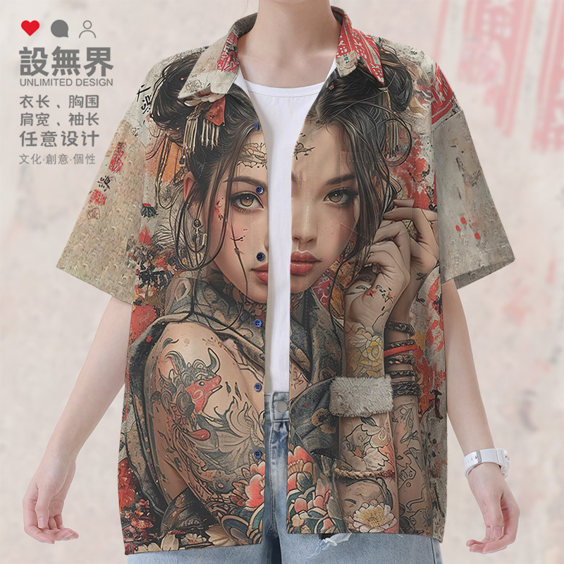 中国风传统纹身女武士大码短袖衬衫男装女装个性创意印花设 无界