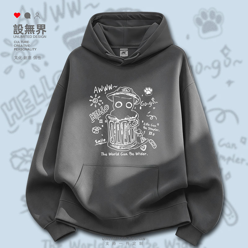 卡通可爱黑猫动物垃圾桶插画连帽卫衣男女个性创意帽衫潮设 无界
