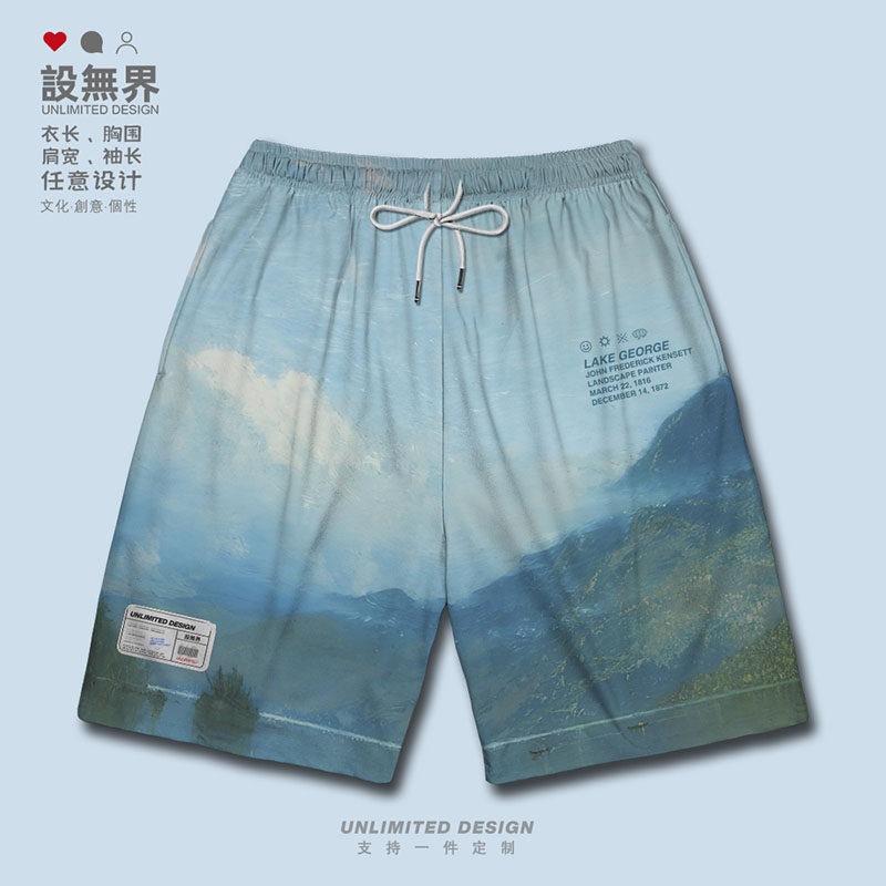 名画肯塞特乔治湖风景油画艺术大码运动短裤男装女装夏天设 无界