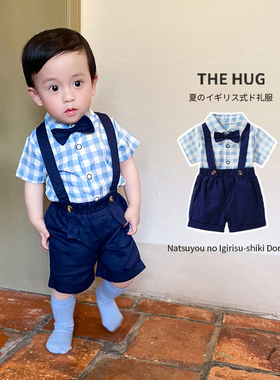 婴幼儿套装夏季男童礼服宝宝翻领英伦风绅士格子衣服外出服二件套
