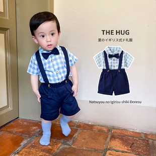 夏季 婴幼儿套装 男童礼服宝宝翻领英伦风绅士格子衣服外出服二件套