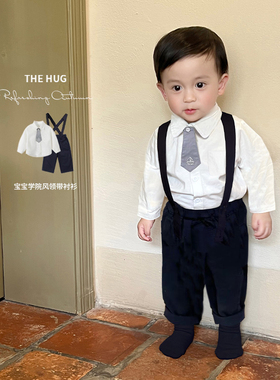 儿童周岁礼服男宝宝春秋款纯棉领带衬衣背带长裤绅士服学院风套装
