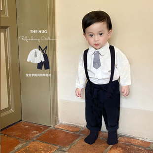 儿童周岁礼服男宝宝春秋款纯棉领带衬衣背带长裤绅士服学院风套装