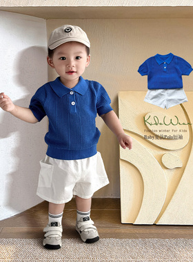 婴儿童Polo衫男女宝宝透气针织短袖翻领宝蓝色短袖宝宝潮酷上衣