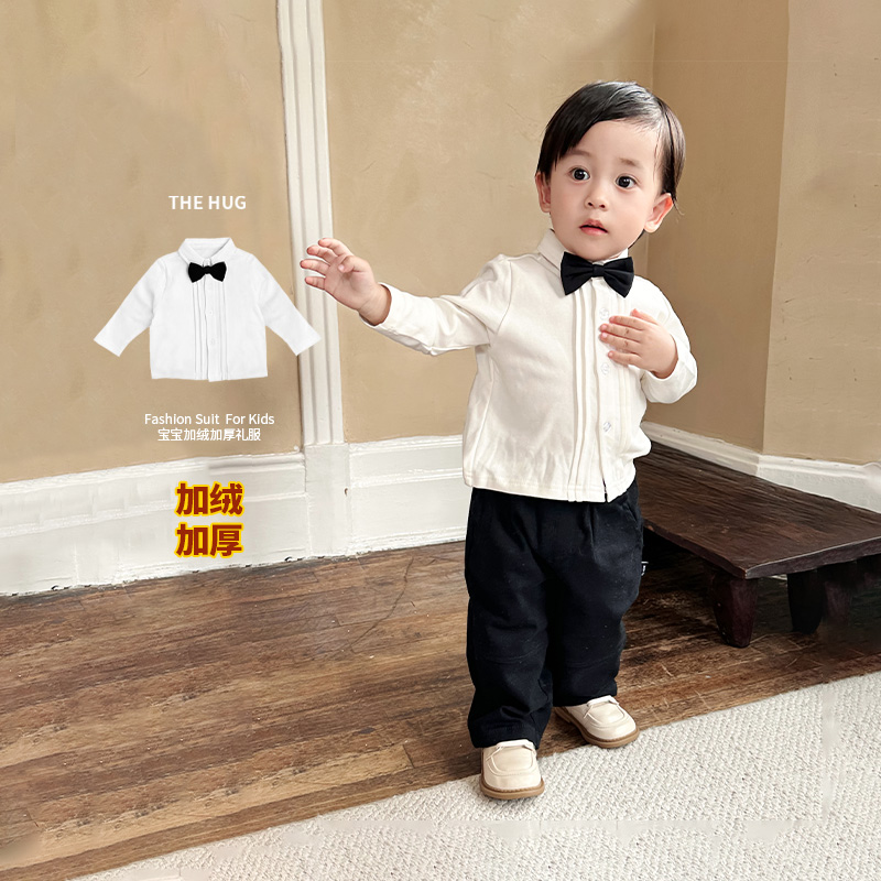 加厚领结衬衣男宝宝纯棉冬款