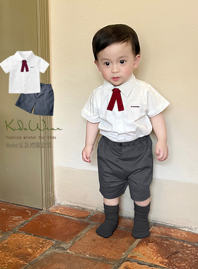 小潮童礼服男宝宝格雷系生日礼服周岁礼服男同绅士服纯棉衬衣短裤