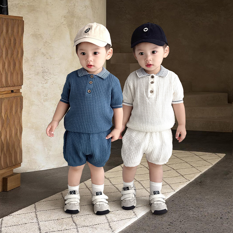 婴儿童Polo套装男女童宝宝有机棉针织海军风翻领短袖上衣T恤短裤