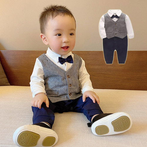 男宝宝绅士周岁礼服连体衣爬服春秋婴儿哈衣百天满月服外出衣服潮 - 封面
