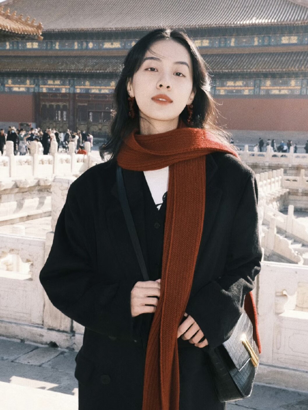 圣诞节油画风显肤色显白软糯围巾纯色针织保暖酒红色送礼围脖情侣