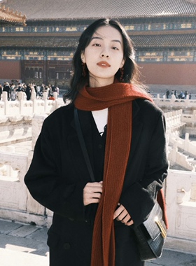 圣诞节油画风显肤色显白软糯围巾纯色针织保暖酒红色送礼围脖情侣