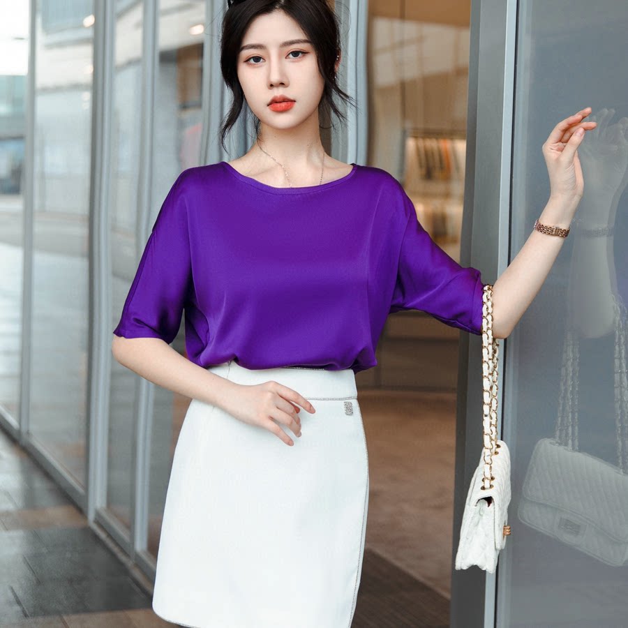 欧货纯色双乔缎面真丝上衣女短袖宽松显瘦夏季轻奢垂感桑蚕丝衬衫