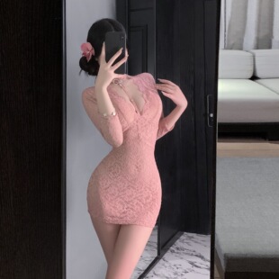 性感纯欲蕾丝V领睡裙修身 显瘦挂脖连衣裙镂空透视包臀短裙睡衣女