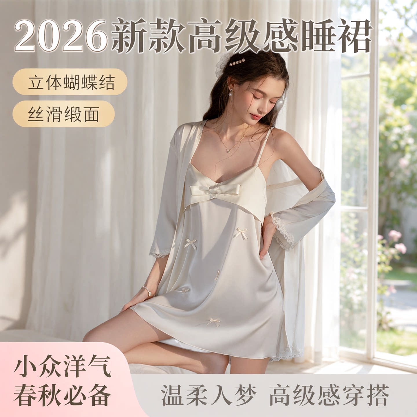 2026新款冰丝蝴蝶结吊带睡裙女