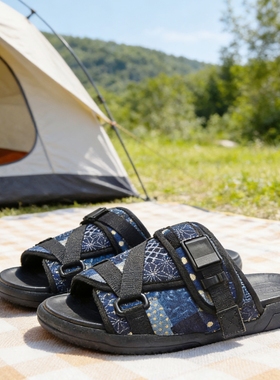 Visvimlaoliu余文乐同款 蓝染古布男士拖鞋夏天外穿 真皮面包鞋