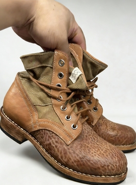 Visvimlaoliu25ss复古做旧马丁靴擦色机车靴男士拼接帆布高帮鞋