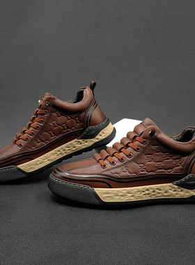 男士真皮轻奢压花休闲鞋百搭潮鞋小众欧洲站男鞋厚底中帮鞋韩版潮