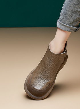 头层牛皮马丁靴女加绒侧拉链平跟圆头休闲靴2024冬季新款加绒