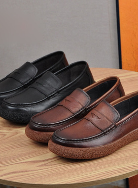 真皮男鞋休闲皮鞋轻便透气百搭时尚豆豆鞋头层牛皮一脚蹬乐福鞋子