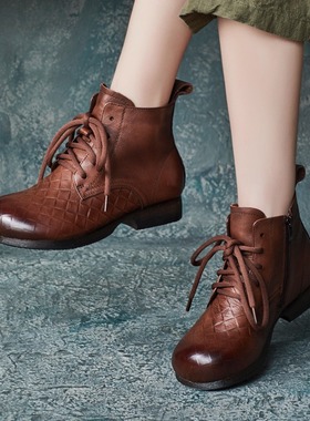 2024秋冬新款帅气英伦风牛皮圆头压花系带厚底短靴马丁靴女靴