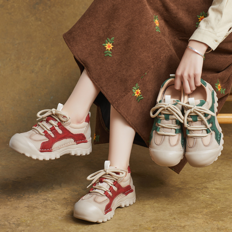 2025春季新款英伦风真皮手工圆头拼色系带平跟单鞋休闲鞋登山轻便