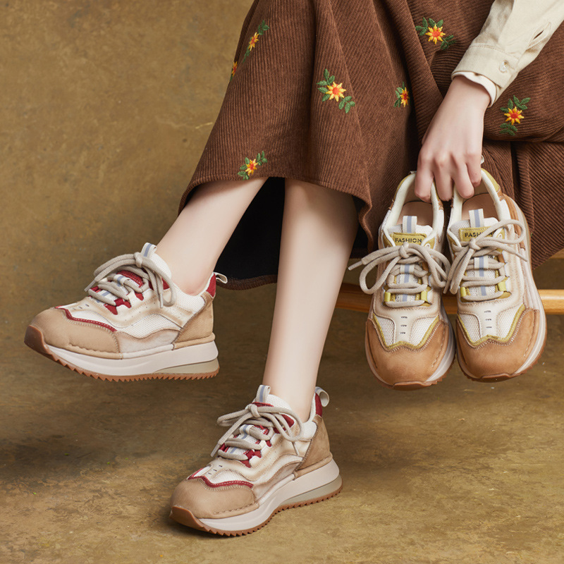 2025春季新款英伦风真皮圆头阿甘鞋拼色单鞋女厚底休闲老爹鞋