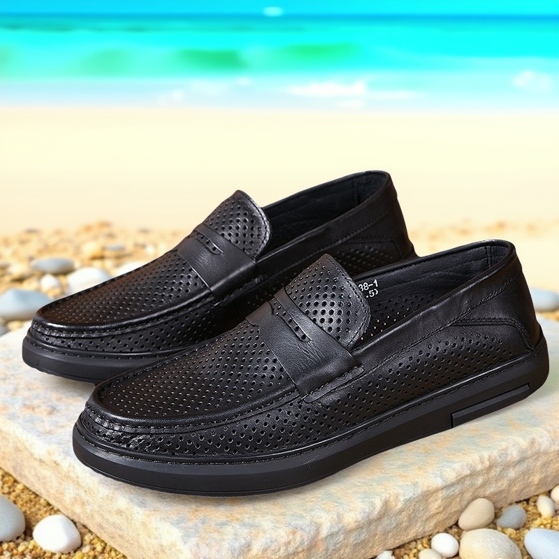高性价比镂空皮鞋2025夏新款透气舒适真皮中老年休闲男鞋厂家