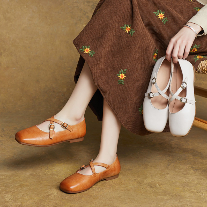 2025春季新款真皮圆头平跟软皮交叉可调节扣带中空单鞋玛丽珍女鞋,女鞋,时尚休闲鞋,淘宝优惠券,粉丝福利购,淘宝优惠卷