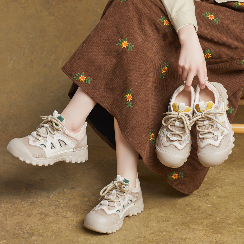 2025春季新款英伦风真皮手工圆头拼色系带平跟单鞋休闲鞋德训轻便