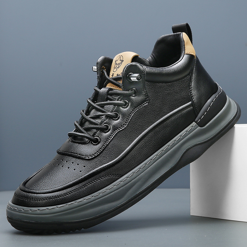 新款真皮板鞋男款高帮加绒保暖棉鞋潮流百搭男士欧洲站宽头休闲鞋