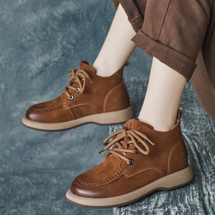 2024年秋季新款英伦牛皮手工复古系带圆头厚底高帮休闲鞋,女鞋,时尚休闲鞋,淘宝优惠券,粉丝福利购,淘宝优惠卷