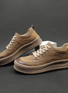 板鞋男款潮鞋欧洲站男鞋头层牛皮厚底歪头小丑鞋男士真皮休闲鞋男