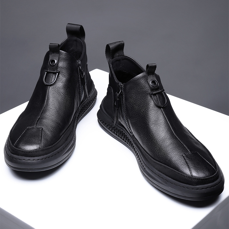 2025秋冬新款休闲皮鞋男士真皮潮流百搭厚底套脚侧拉链加绒小短靴
