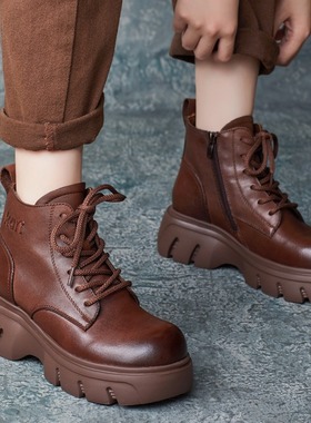 英伦风2024秋冬新款手工圆头牛皮厚底马丁靴女侧拉链短靴高帮