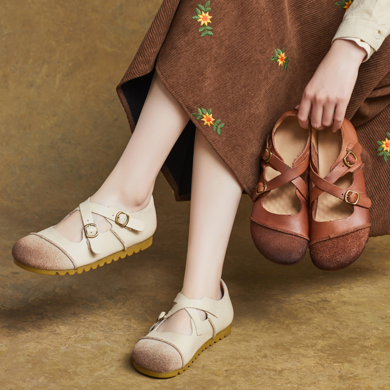 2025春季新款真皮圆头平跟可调节扣带勃肯浅口套脚单鞋软底女鞋