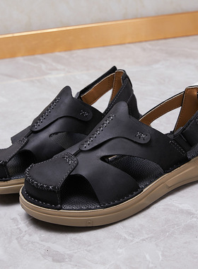 2025夏季新款手工缝制轻底牛皮透气舒适男士凉鞋两穿包头男鞋