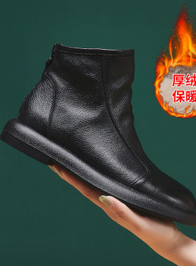头层牛皮马丁靴女2026秋冬新款英伦机车短筒厚绒保暖拉链百搭靴子