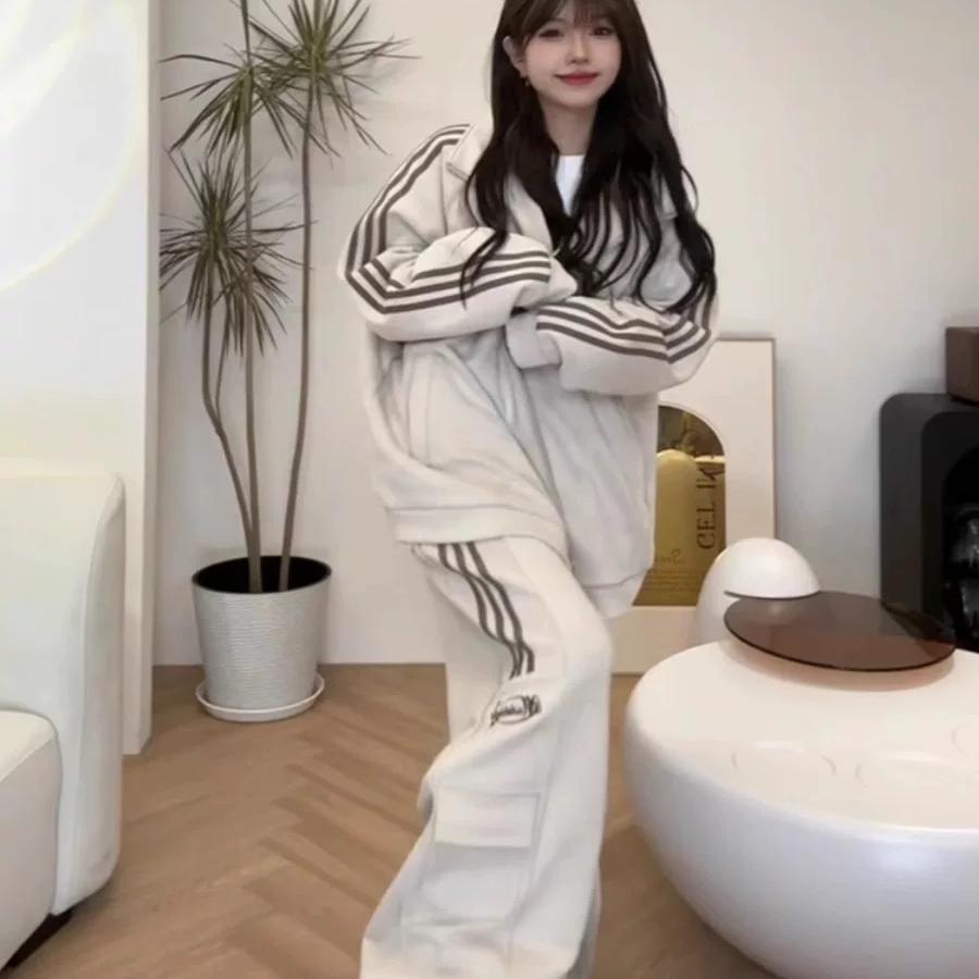 美式复古运动服套装女春秋季新款小个子三条杠卫衣时尚减龄两件套
