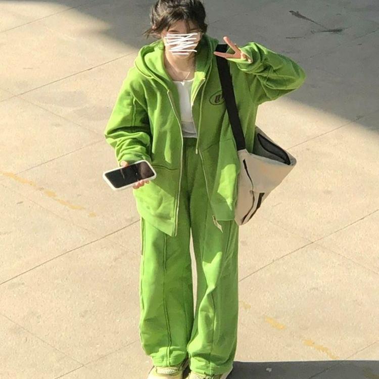 绿色连帽卫衣休闲运动套装女春秋季学生宽松韩版时尚两件套阔腿裤