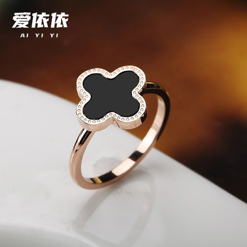 爱依依钛钢幸运四叶草黑色戒指女