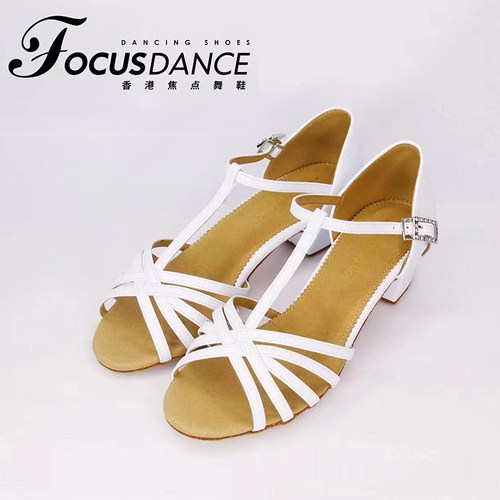 FocusDance少儿T带拉丁皮质白鞋