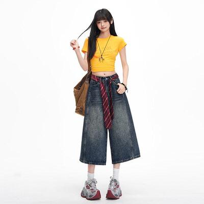 MATTUCLB 美式复古水洗七分牛仔裤女夏季高腰显瘦春宽松阔腿中裤