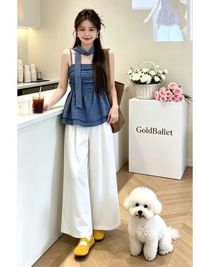 甜辣风挂脖蓝色格纹吊带背心+白色高腰阔腿裤套装女夏韩系两件套