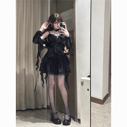 安妮不火 纯欲荷叶边雪纺短裙女2025春夏新款微胖大码小黑裙套装